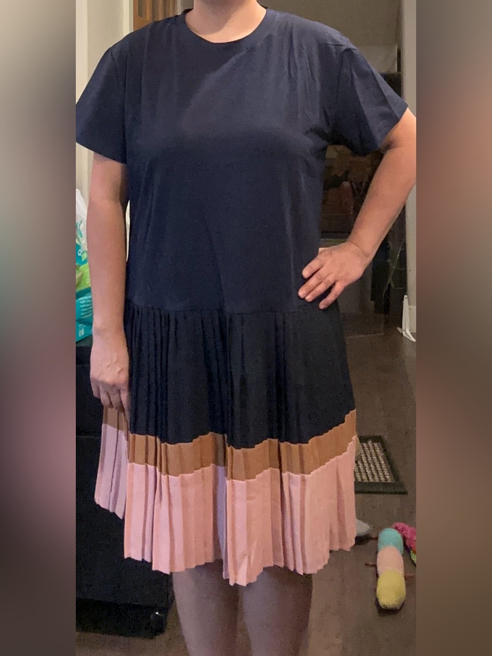 Pleated Colorblock Midi Dress - Navy, Tan & Pink